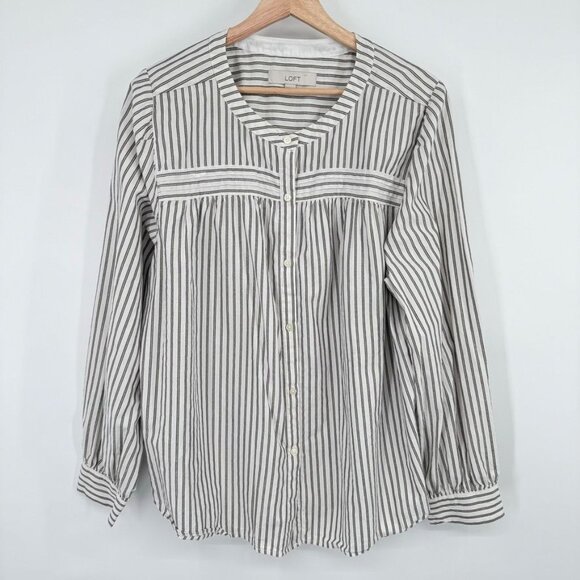 Loft Womens Striped Button-Down Blouse size XL Cotton gray gold metallic - Picture 10 of 14